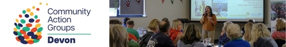 Community Action Groups Devon logo. Person delivering a presentation at an event