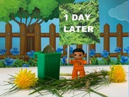 A Lego figure holds a '1 Day Later' sign, next to a green waste wheelie bin.