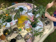 A child interacts with a selection of plants on a tray