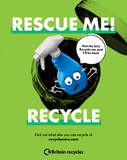 Rescue me! Recycle. Cleaning bottle with a speech bubble saying "not the bin! Recycle me and I'll be back"