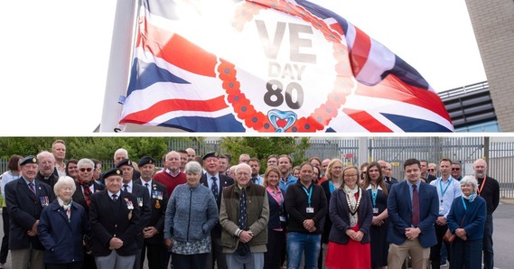 VE Day 80 flag flying at Blackdown House and a group photo of attendees