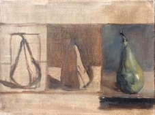 Three stages of an still life oil painting of a pear