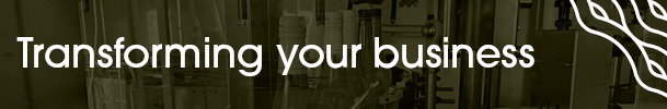 Text reads 'Transforming your business' with waves on the corner