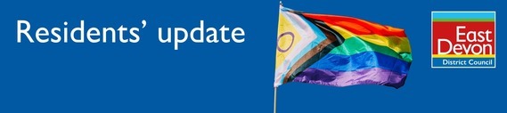 Progress pride flag on a blue background. Residents' Update. Council logo