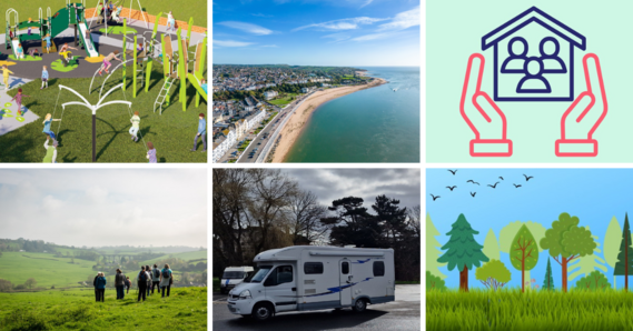 Collage of images representing consultations play area, national landscape, Exmouth seafront, campervan, housing, and trees