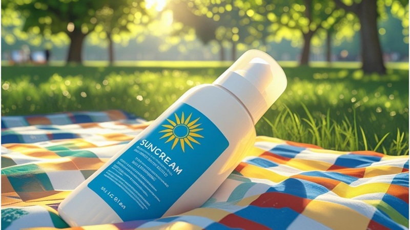 Bottle of suncream sitting on a picnic blanket