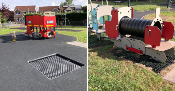 Transport themed play area equipment at Willow Walk in Honiton