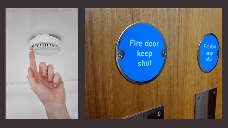 Smoke alarm and Fire door keep shut sign