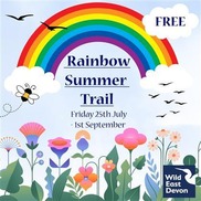 Free rainbow summer trail. Friday 25th July - 1st September. Illustration of wildlife, plants, and a rainbow