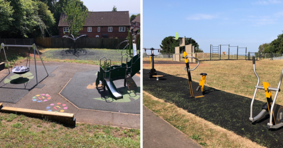 Left: new play area at Baker Close in Sidmouth. Right: new outdoor gym equipment and multi-use games area in Brixington