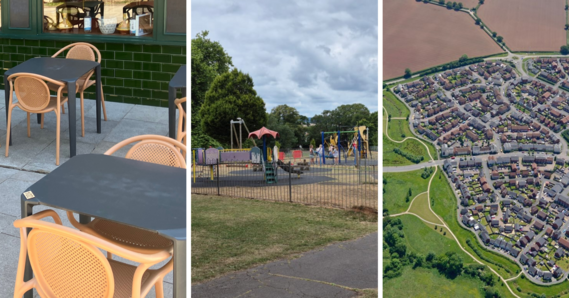 Left: outdoor seating at a café. Middle: Phear Park Play area. Right: aerial view of Cranbrook