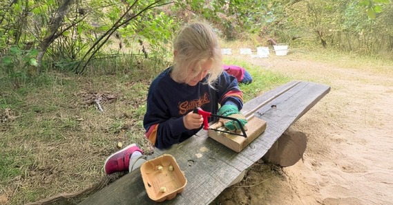 A child sawing a small piece of wood in the outdoors