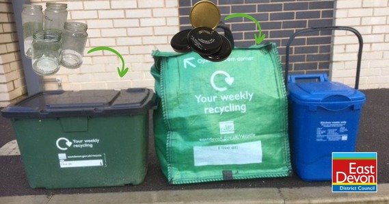 Jars with an arrow pointing to a recycling box. Lids with an arrow pointing to a recycling bag