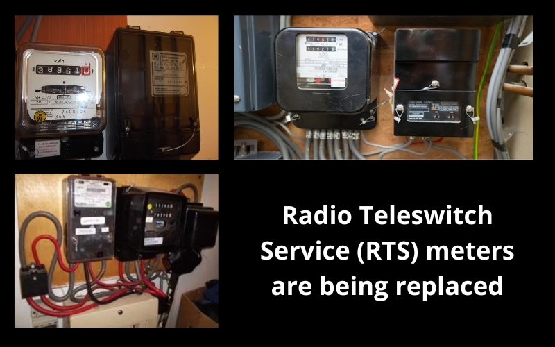 Three images of radio teleswitch meters and the phrase "radio teleswitch meters are being replaced)