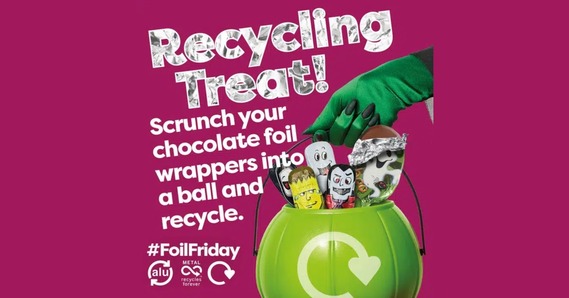 Recycling Treat! Scrunch your chocolate foil wrappers into a ball and recycle. #FoilFriday. Gloved hand holding bucket of sweets