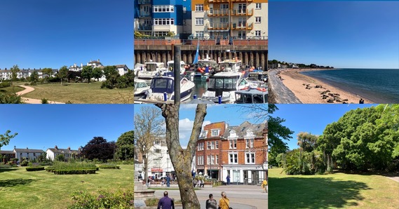 Collage of Exmouth parks, town, and seaside