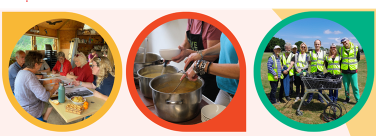 People gathered around a table. Pots of food cooking. Group in hi-vis