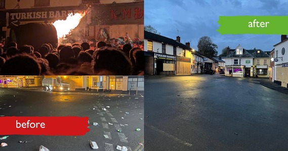 Before and after Ottery Tar Barrels clear-up