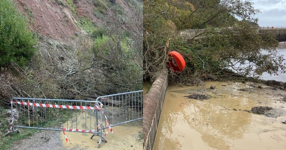 Axmouth path fenced off. Flood water on the path and a fallen tree