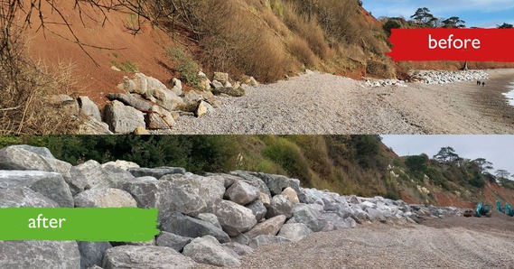 Before and after Seaton Hole - large stones piled up along cliffs in after picture