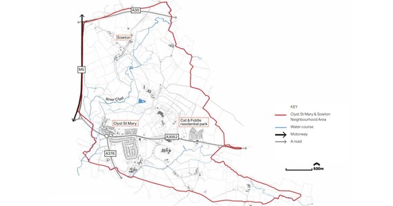Map of the Bishop Clyst Neighbourhood Area, with water courses, motorway and roads illustrated