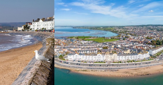Exmouth beach and aerial view of the beach, with the town and the estuary in the background