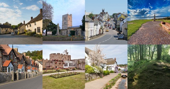 Broadhembury cottages, Axminster church, Honiton town, Orcombe Point, Beer, Connaught Gardens, Otterton, and Blackbury Camp