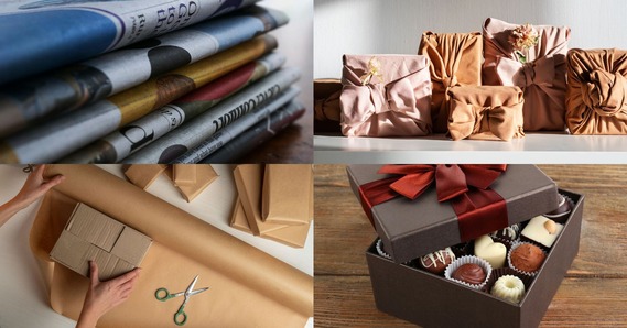 Pile of newspapers, fabric wrapped presents, presents wrapped in brown paper, sweet treats in a gift box