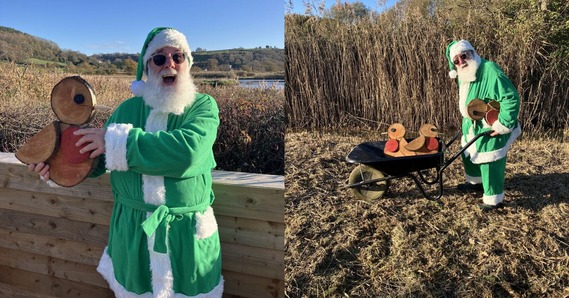 Left: Green Santa holding a wooden robin. Right: Green Santa with wooden robins in a wheelbarrow