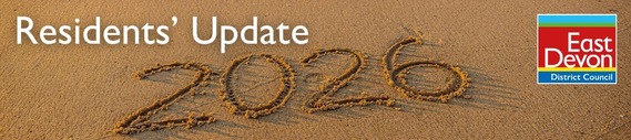 Residents' Update. 2026 written in sand on a beach. East Devon District Council logo