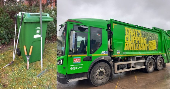 Left: green waste bin with garden tools. Right: Green waste vehicle