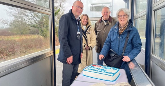 Representatives from South Western Railway and councillors at cake cutting at Cranbrook Station