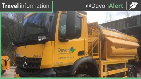Travel information @DevonAlert. A gritting vehicle carrying a Devon County Council logo