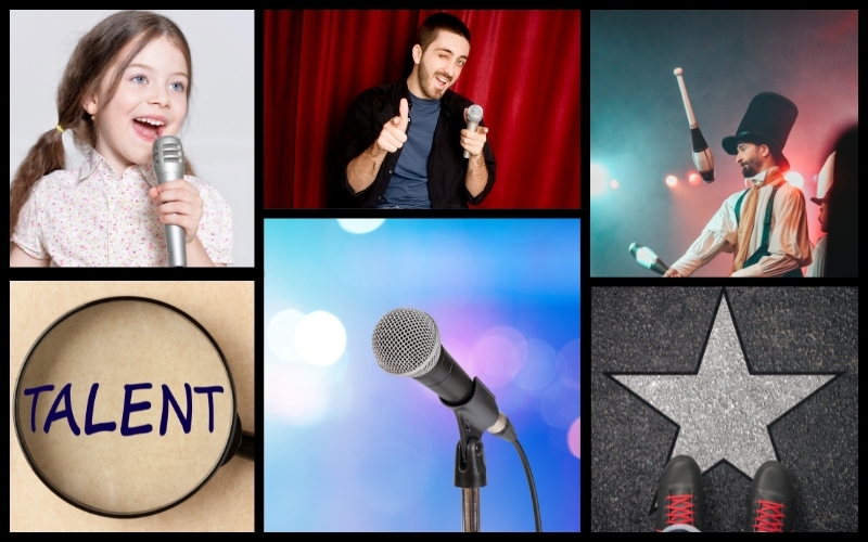 5 images of people performing and one empty microphone inviting you to step up and perform