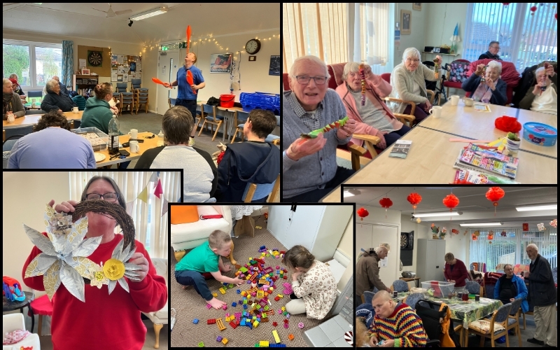 6 images of people of different ages enjoying various activities at busy community hubs