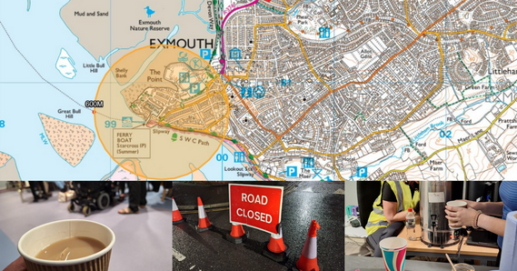Map of 600m cordon in Exmouth. Coffee cup. Road closed sign and cones. Two people stood by a heated water dispenser