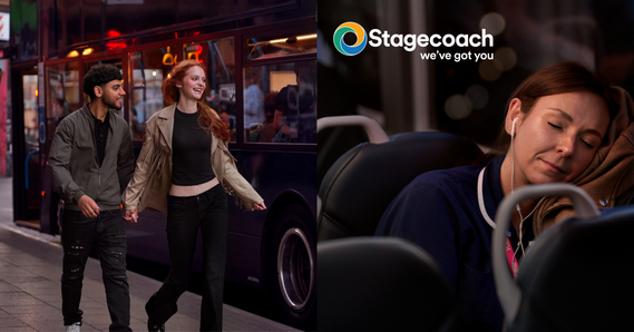 Two people holding hands next to a bus. person with their eyes closed resting their head against a window on a bus. stagecoach logo