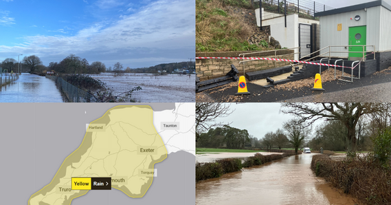 Flooding around East Devon. Storm-damaged public toilets in Seaton. Yellow warning of rain on map of South West England