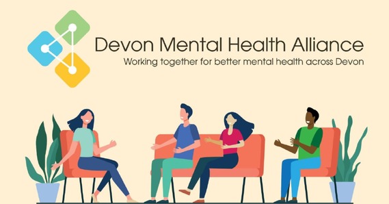 Devon Mental Health Alliance working together for better mental health across Devon. Illustration of people on seats