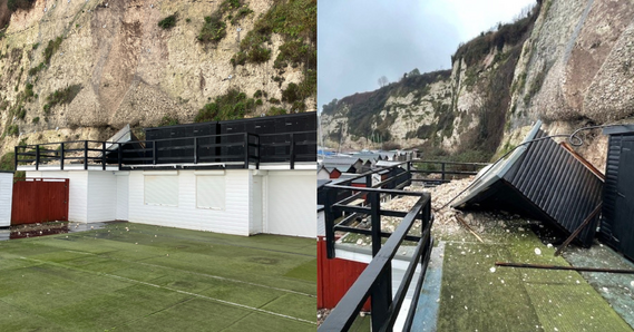 Left: view of the cliff fall from Beer beach. Right: the cliff fall and damage on top of Duckys