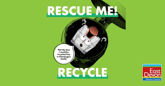 Rescue Me! Not the bin! An aftershave bottle with a face on it says: I could be recycled into a champagne bottle! Recycle. 