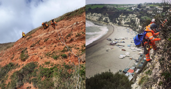 People wearing hi-vis and harnesses inspecting cliffs at two locations