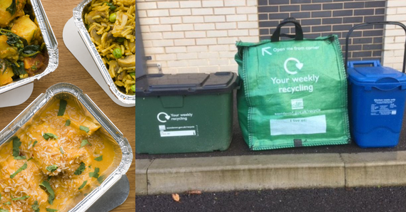 Left: Takeaway in foil trays. Right: recycling containers
