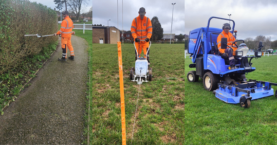 Three streetscene workers in hi-vis at work, cutting hedges and maintaining public grass areas
