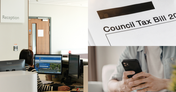 Person sat at Blackdown House reception desk wearing a headset. Council Tax Bill. Person holding a phone