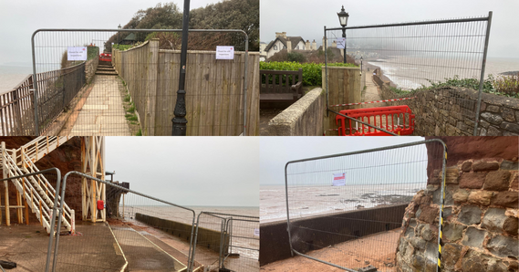 Collage of fenced off sections of Connaught Gardens, Jacobs Ladder, and the undercliff/Millennium Walkway