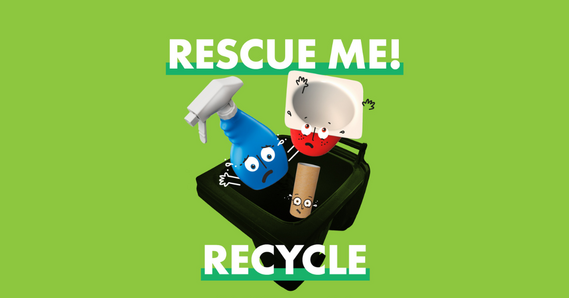 Rescue me! Recycle. A spray bottle, a yogurt pot, and a loo roll with faces on, in a wheely bin