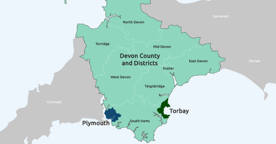 Map of Devon's existing county, district, borough, and city councils