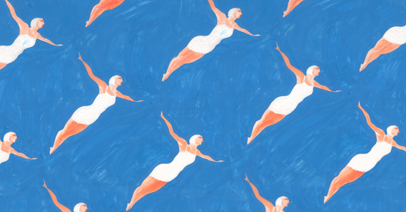 “Swimmers” by artist Moby Hill. Repeating pattern painting of swimmer with bathing suit and cap on a blue background