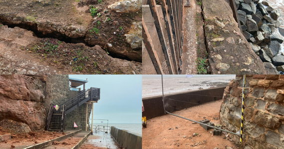Collage showing the cracks in the cliff walls and debris at Sidmouth Millennium Walkway